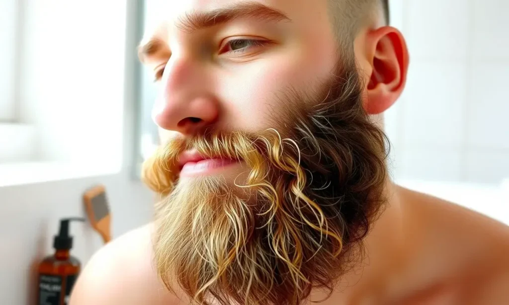A man with a full beard showing natural hair shedding in small clumps, with a calm and healthy facial expression, soft natural lighting, clean skin around the beard, no signs of inflammation or bald patches, in a well-lit bathroom setting with grooming tools like a comb and beard oil nearby
