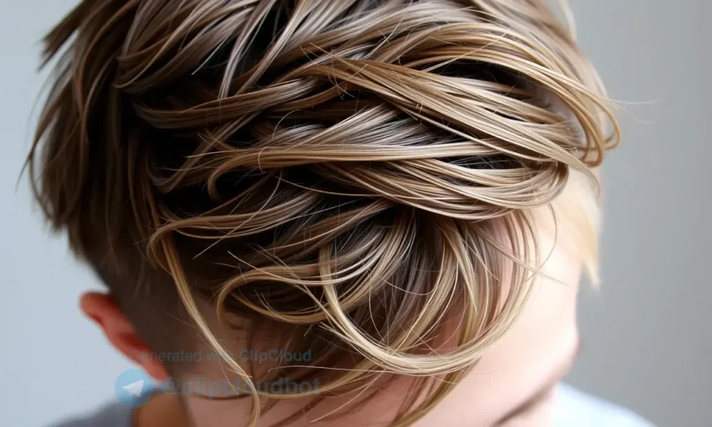 A close-up shot of a person's head and shoulders, focusing on their hair and a small portion of their face. The hair is styled in a way that highlights any potential odor. The background is blurred and neutral, drawing attention to the subject's hair. The lighting is soft and natural.