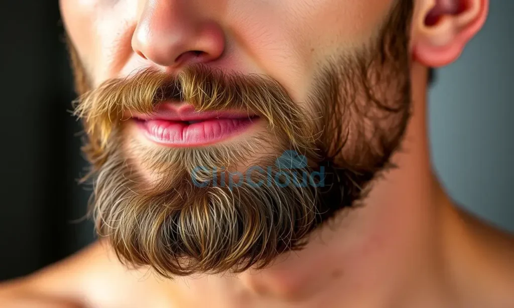 A close-up shot of a man with a well-groomed beard, showcasing healthy skin underneath. The man should have a calm and confident expression. Focus on the beard's texture and the clear skin around it. Natural lighting.