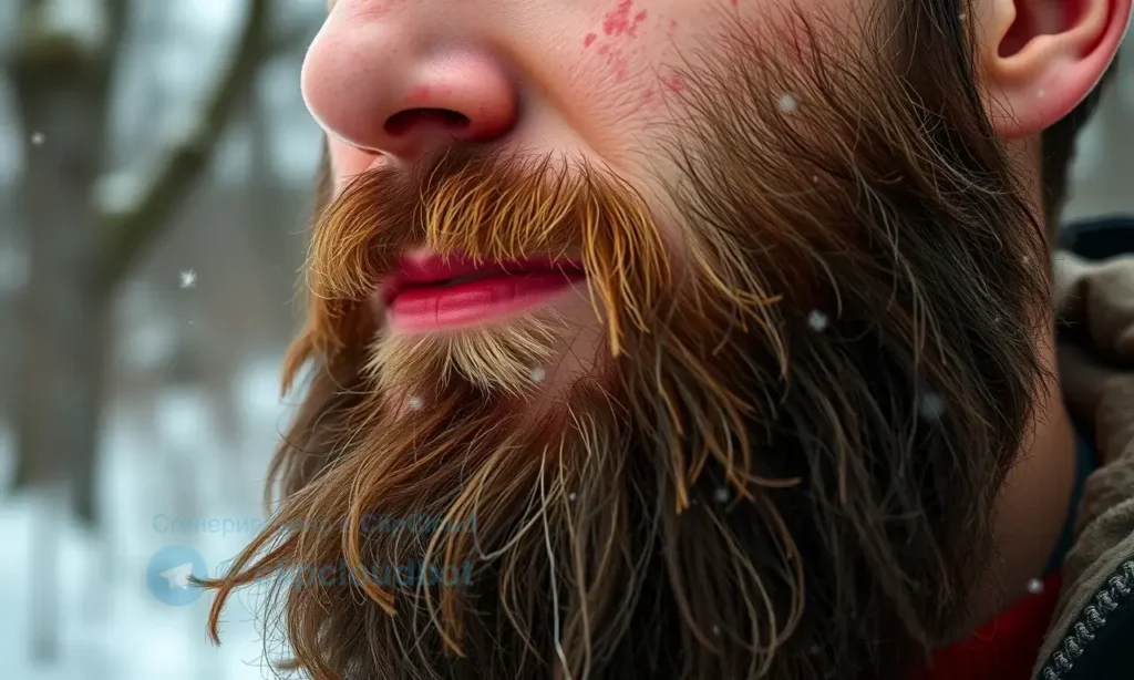 A close-up of a man's face with a full beard, showing red, irritated skin beneath the beard due to wind and cold exposure, with visible dryness and slight flaking; the background is a blurred winter outdoor scene with bare trees and soft snowfall, emphasizing the harsh weather conditions; the lighting is cool and natural, highlighting the skin texture and beard detail in high resolution.