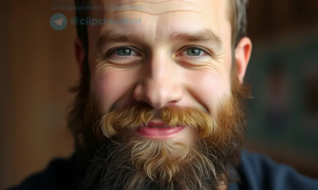A man with a full, somewhat coarse beard is shown in a well-lit, close-up shot. He is smiling gently, looking directly at the camera. The beard is the main focus, showing texture and detail. The background is blurred and out of focus, drawing attention to the beard.