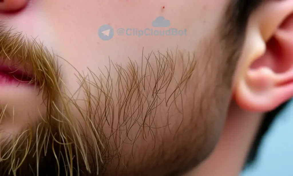 A close-up, detailed image of a man's beard with a mix of textures – some areas with slight ingrown hairs visible, others smooth and well-groomed. The skin beneath the beard is visible, showing some redness and minor blemishes consistent with acne-prone skin. Focus on the beard's condition and the skin's texture.