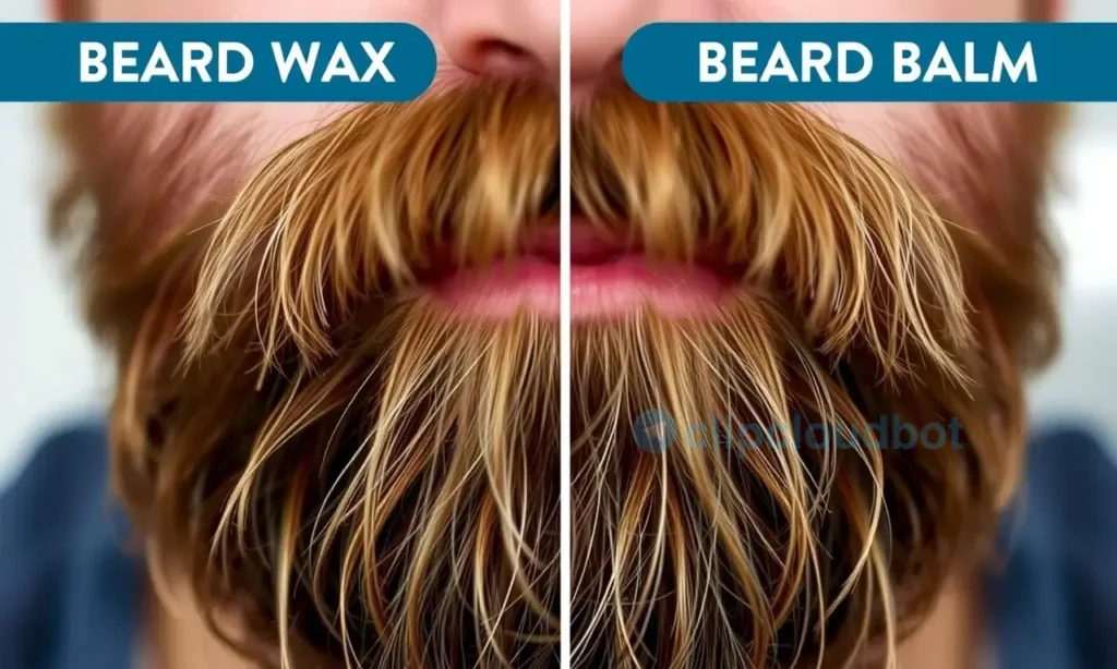 A close-up shot of a man's beard, showing the difference between beard wax and beard balm. The wax should be depicted as a firm, molded substance, while the balm should appear softer and more moisturizing. The background should be blurred, focusing on the texture and appearance of the beard products.