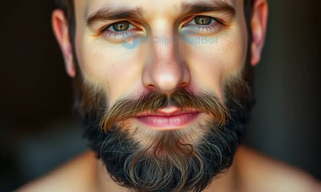 A close-up shot of a man with a well-groomed beard, showcasing healthy skin underneath. The man should have a calm and confident expression. Focus on the beard's texture and the clarity of his skin. Soft, natural lighting.
