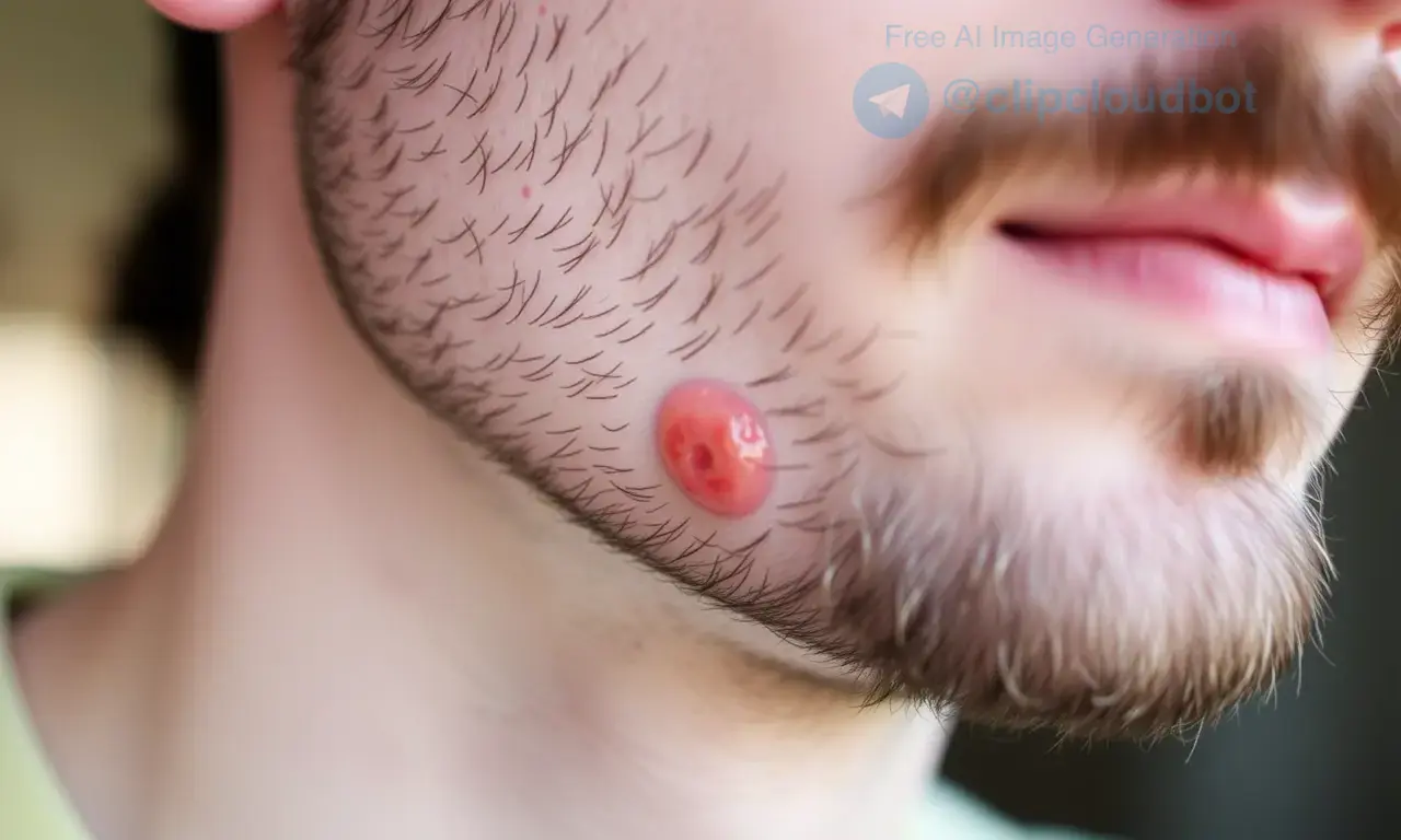 Close-up image of a man's chin and upper beard area. Focus on the skin texture and a small, red, irritated spot. Soft, natural lighting.