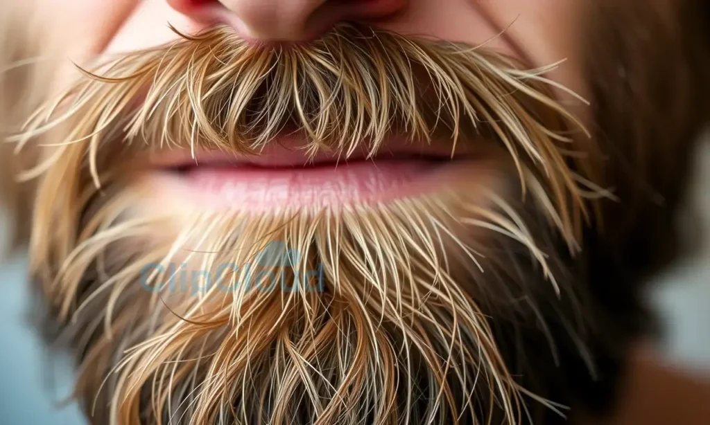 A close-up shot of a man's beard, focusing on the texture and sharpness of the hairs. The beard should be slightly coarse and have visible individual strands. Soft, natural lighting should highlight the beard's details.