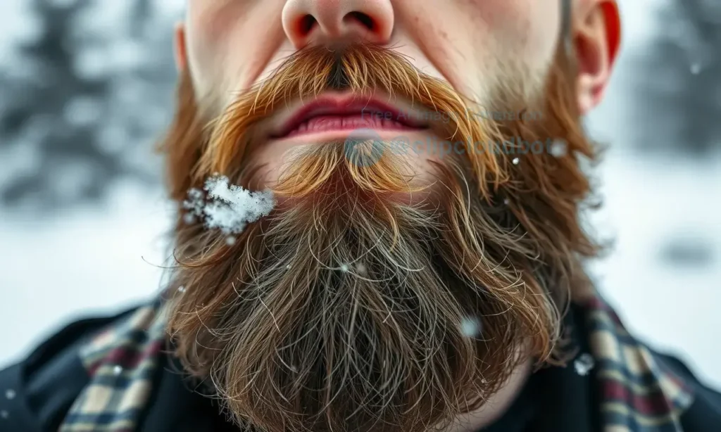 A close-up of a man's face with a full beard, showing mild skin irritation under the beard due to wind and cold — redness, dryness, and slight flaking visible on the jawline and neck beneath the facial hair. The man is outdoors in a winter setting: soft snowfall in the background, blurred evergreen trees, and a pale gray sky. His breath is faintly visible in the cold air. The beard is thick and well-groomed but the skin underneath looks sensitive and uncomfortable. Natural lighting, realistic sk