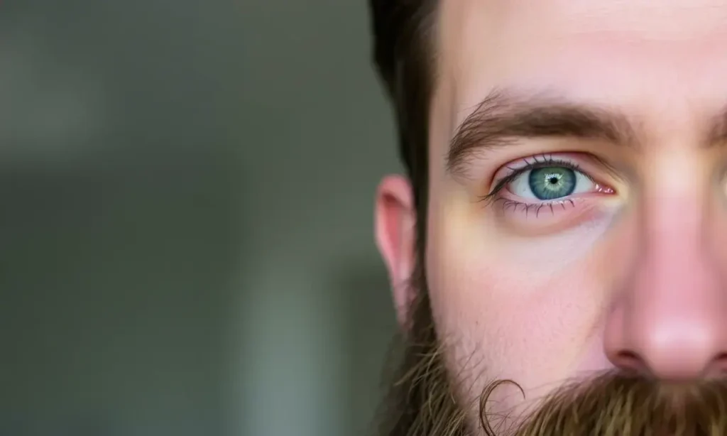 A close-up portrait of a man with a beard growing in an unusual direction, perhaps slightly upward or sideways, showing the texture and density of the beard. Focus on the beard itself, with a blurred background. The man's expression should be neutral and the lighting soft and natural.