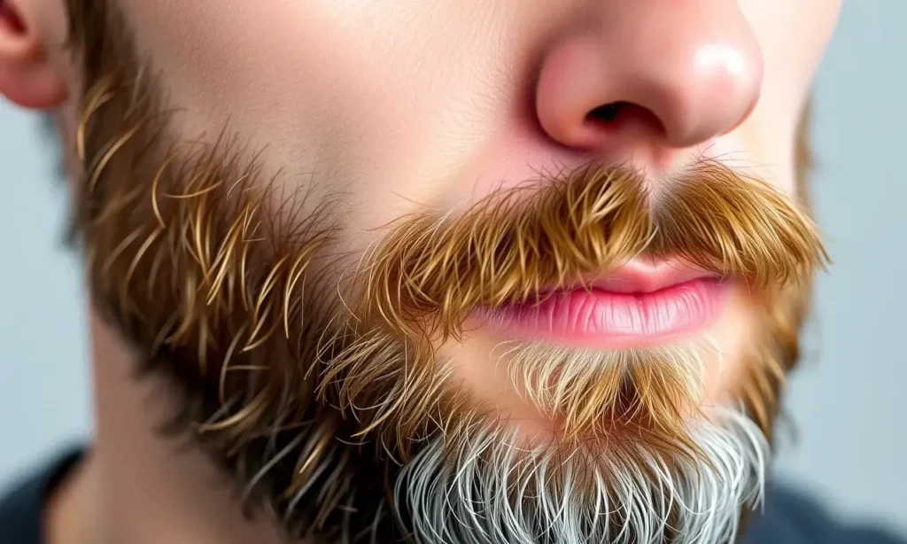 A close-up, detailed image of a man's beard after 30, showcasing the changes in skin texture and hair density. The beard should be well-groomed but natural-looking. Focus on the skin around the beard, highlighting potential dryness or oiliness. Include subtle details like individual hairs and skin pores.