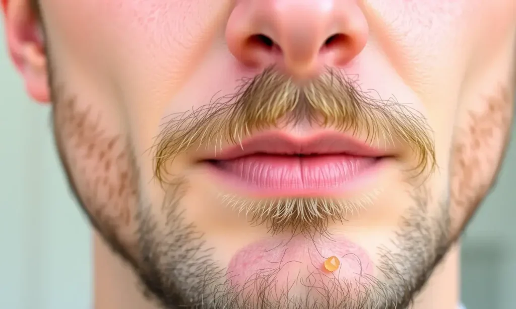 Close-up shot of a man's face with a neatly trimmed beard. Some areas of the beard are showing slight peeling or flaking skin. The skin around the beard is healthy and moisturized. Soft, natural lighting.