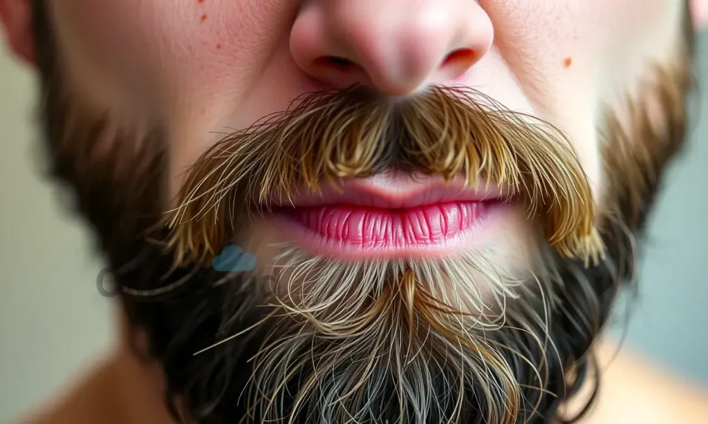 Close-up image of a man's face with a well-groomed beard. Focus on the skin under the beard, showing a slight redness or irritation. The lighting should be soft and natural, highlighting the texture of the skin and beard.