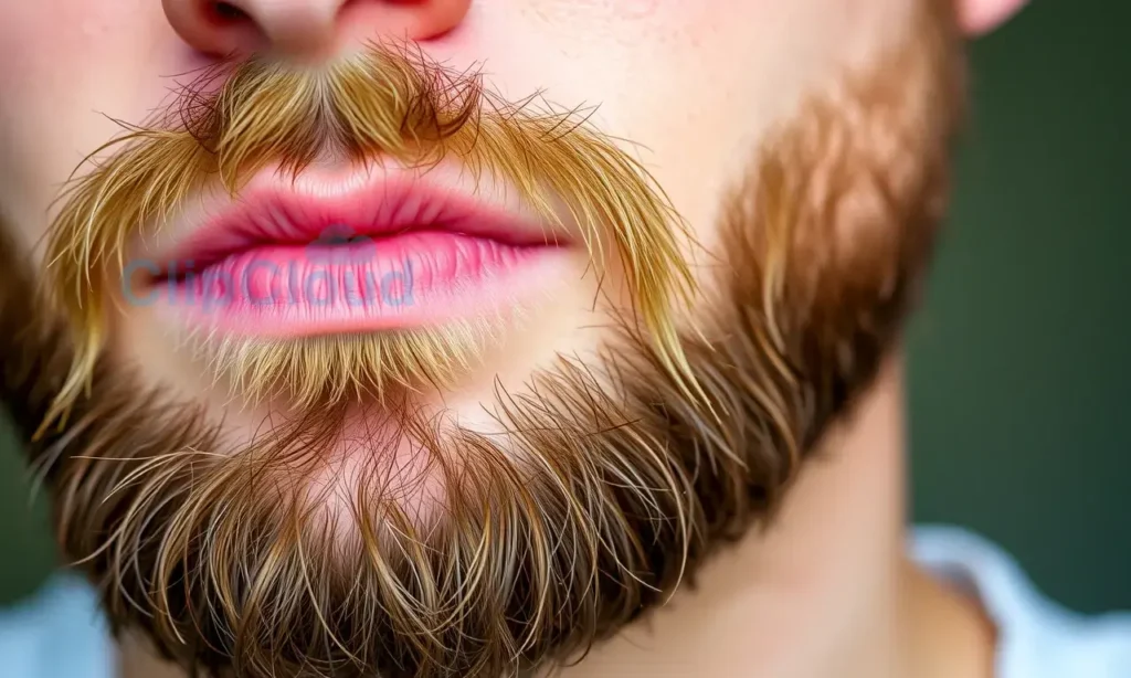 Close-up image of a man's face with a well-groomed beard. Focus on the skin beneath the beard, showing texture and pores. The skin should appear slightly dry and possibly red, indicating potential irritation from excessive cosmetic use. Soft, natural lighting.