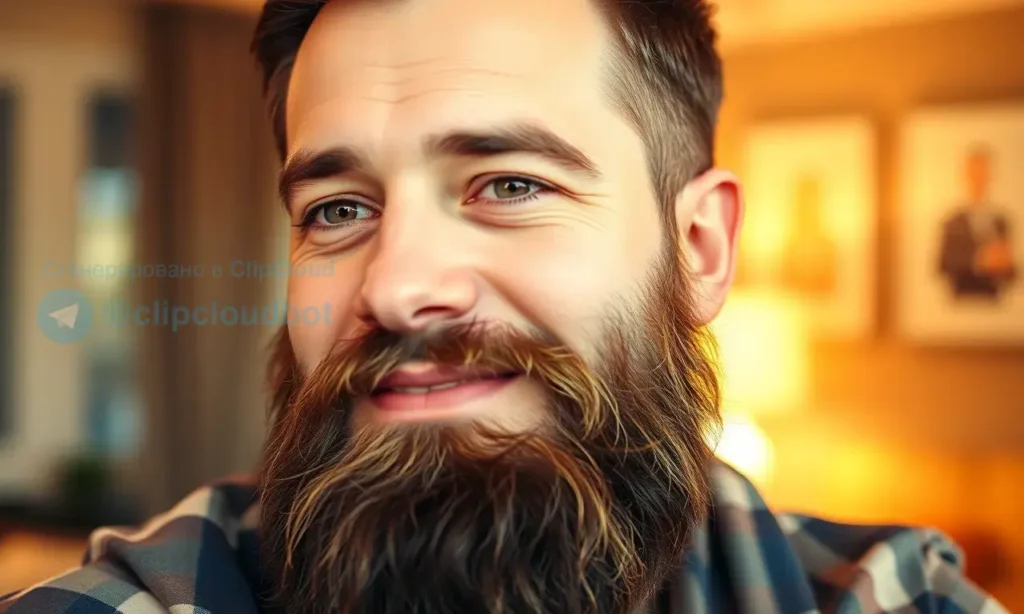 A man with a full, well-groomed beard is shown indoors, possibly in a cozy living room. He is looking directly at the camera with a slight smile. The beard is slightly textured and appears to have a natural sheen. The background is blurred but suggests warm lighting and comfortable furniture. Focus on the beard's texture and how it interacts with light.