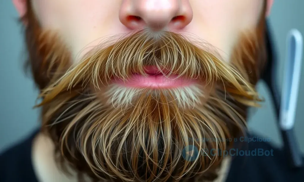 A close-up of a man's beard showing natural color variation: darker roots fading to lighter tips, with subtle grooming tools in the background to suggest care, all in a realistic style