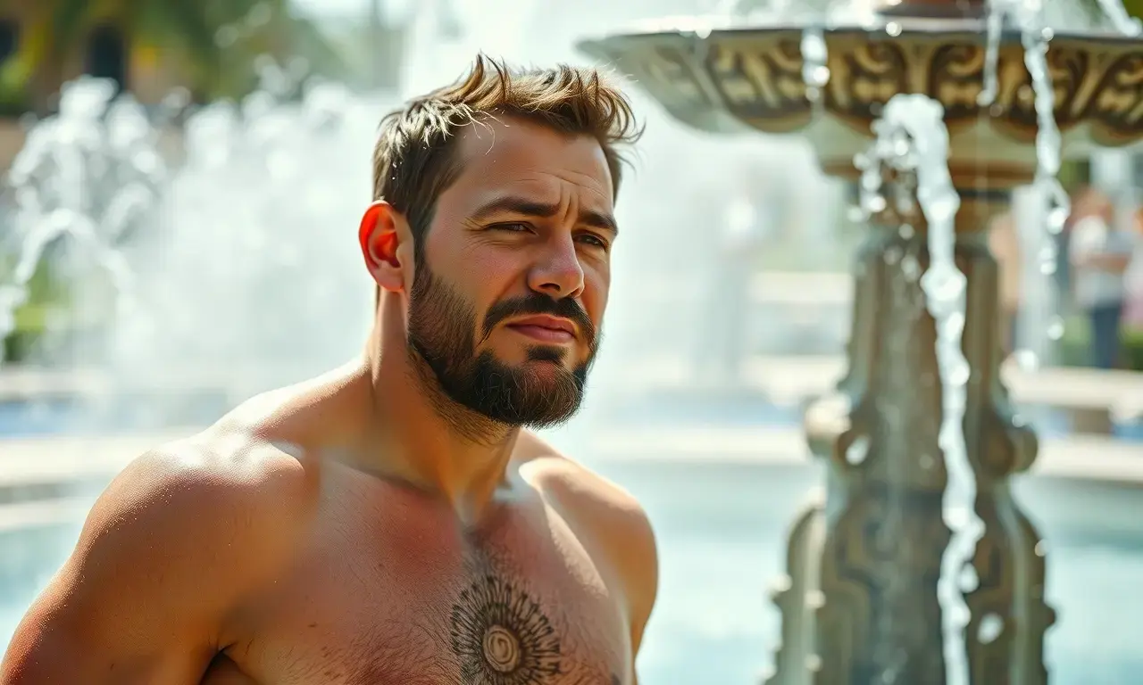 A man with a well-groomed beard in a hot summer environment, sweating lightly but looking fresh and clean, standing near a fountain with cool water droplets in the air, wearing light clothing, no visible odor or stains, natural lighting, realistic details