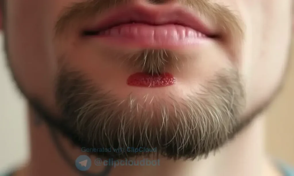 Close-up image of a man's chin and upper beard area. Focus on the skin texture and a small area of redness or irritation, suggesting itching. Soft, natural lighting.