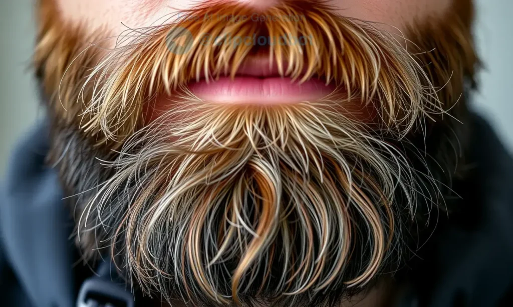A close-up, detailed image of a man's beard, showing the texture and hair density. The beard is clean, but with subtle hints of natural oils and slight imperfections. Focus on the beard's appearance and health.