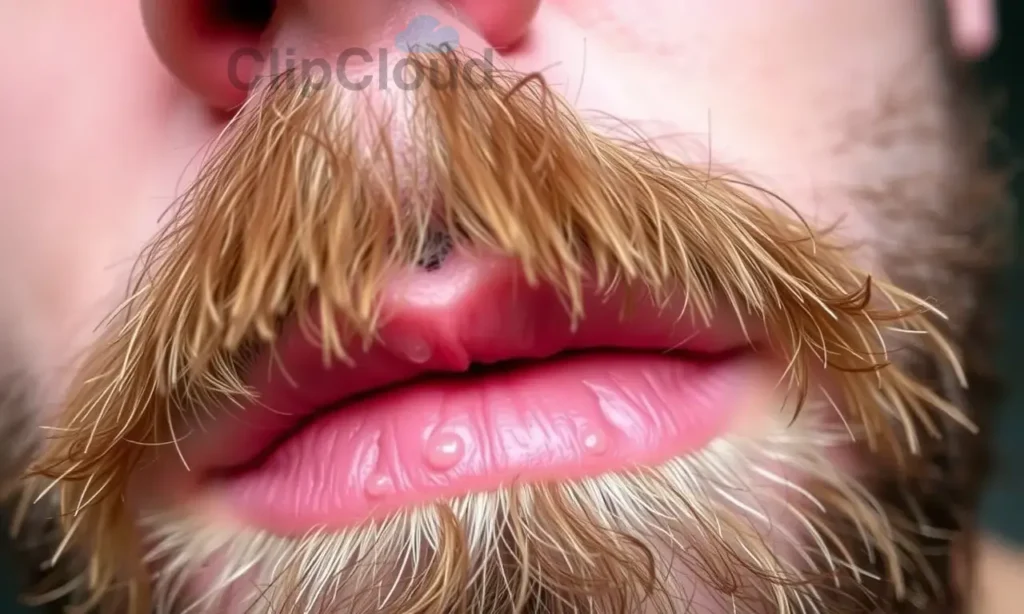Close-up image of a man's beard with ingrown hairs, showing redness and small bumps. Focus on the area where hairs are trapped. The man's face should be partially visible, showing concern.