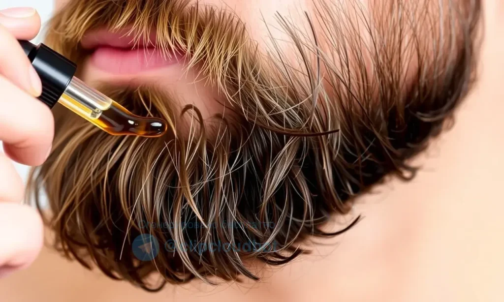 A close-up, detailed image of a man's beard being moisturized with beard oil. The beard should be thick and well-groomed. The oil should be applied with a dropper or brush, showing the texture of the oil and the man's skin. Soft, natural lighting.