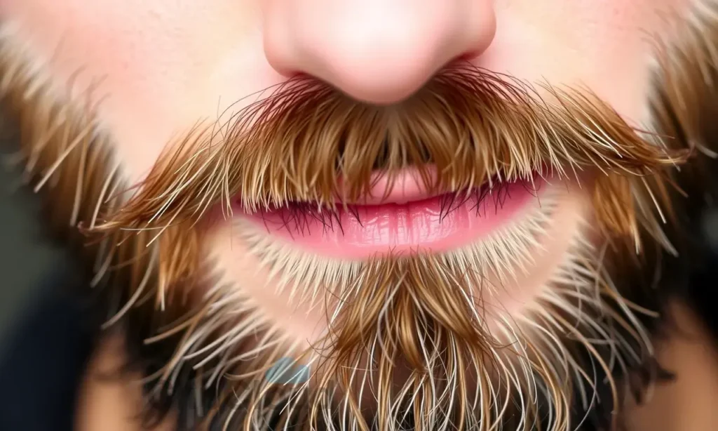 A close-up, detailed image of a well-groomed beard with a subtle, natural sheen. The beard should appear clean and healthy, with a focus on texture and individual hairs. Soft, diffused lighting should highlight the beard's natural color and prevent harsh shadows.