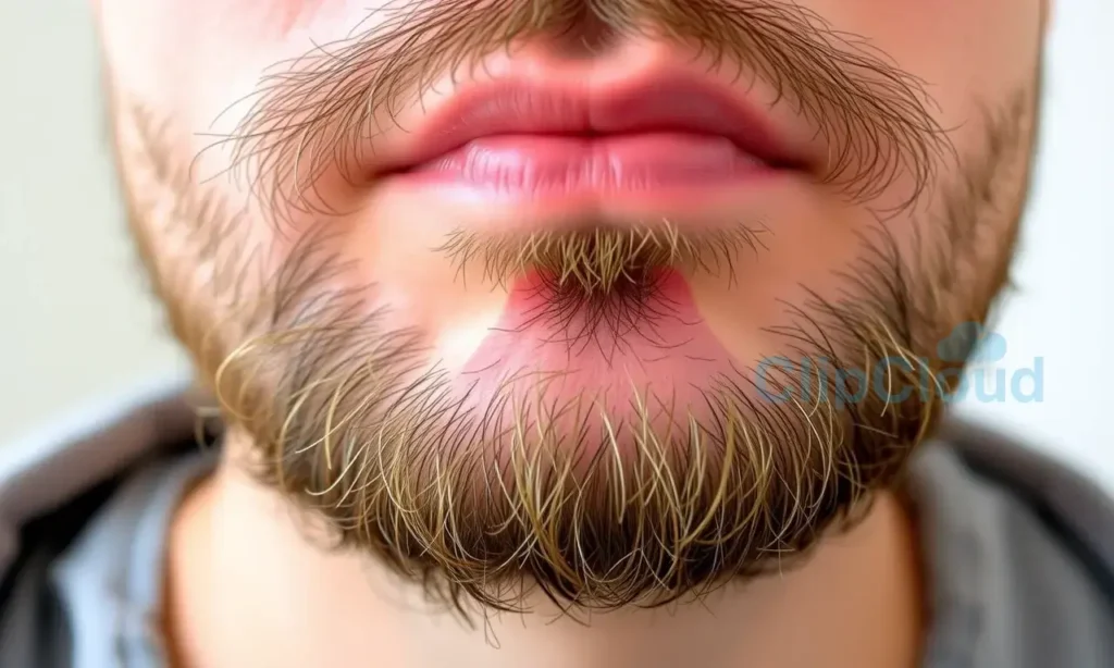 Close-up image of a man's chin and upper beard area. Focus on the skin texture and a small area of redness or irritation, suggesting itching. Soft, natural lighting.