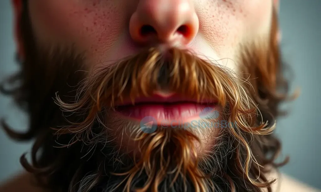 Close-up portrait of a man with a full beard. The focus is on the skin underneath the beard, showing signs of irritation, redness, and possibly some breakouts. The lighting should highlight the texture of the skin and the beard.