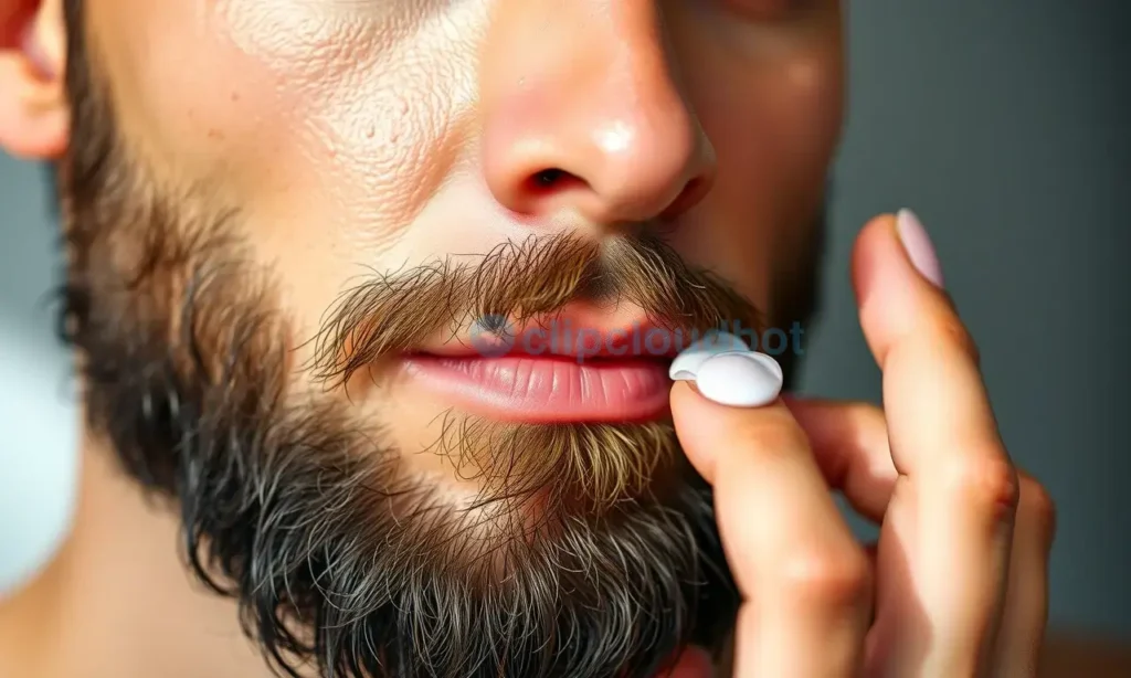 A close-up portrait of a man with a well-groomed beard, focusing on the skin under the beard that has a subtle natural shine. The man is gently applying a light, non-greasy moisturizer with his fingertips, with a few water droplets visible to suggest freshness. Soft natural lighting highlights the texture of the skin and beard, with a blurred, neutral background to keep attention on the balanced skincare routine.