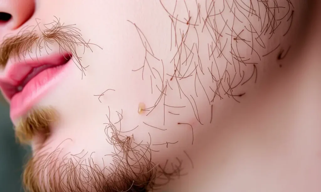 A close-up image of a person's face after using a trimmer and beard shaping tools. The focus is on the skin around the beard and cheeks, showing signs of dryness. The skin should have a slightly textured appearance, and subtle redness or irritation might be visible. The lighting should be soft and natural, highlighting the skin's texture.
