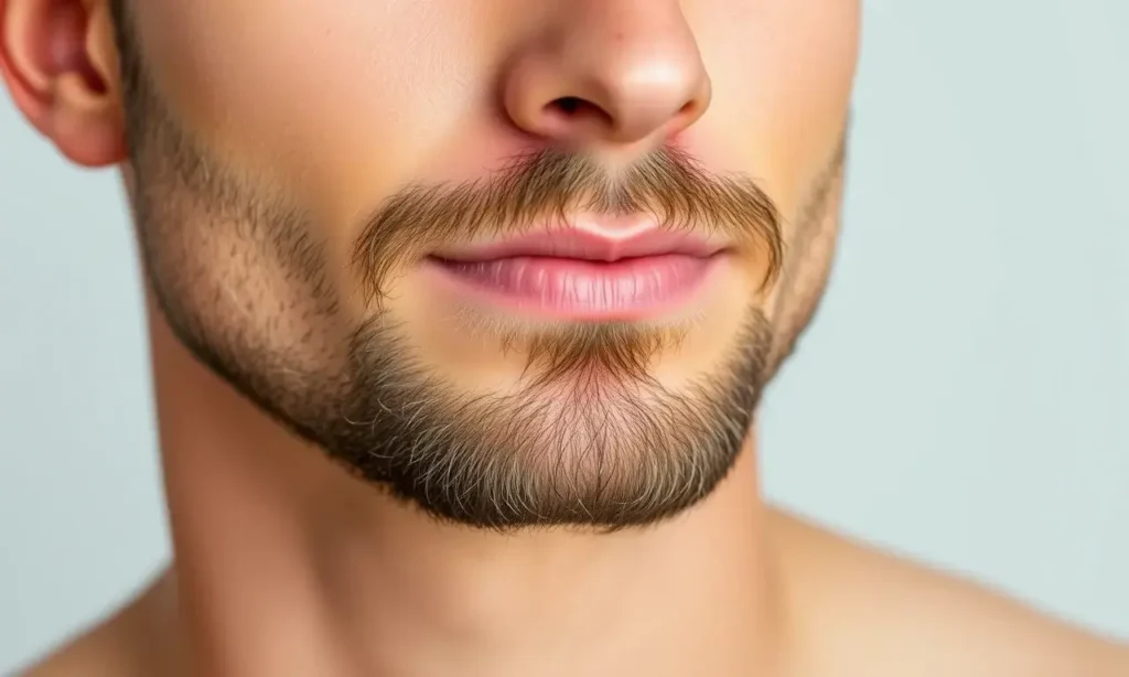 A close-up shot of a man with a well-groomed beard, showcasing healthy skin underneath. The man should have a calm and confident expression. Focus on the beard's texture and the clear skin around it. Soft, natural lighting.