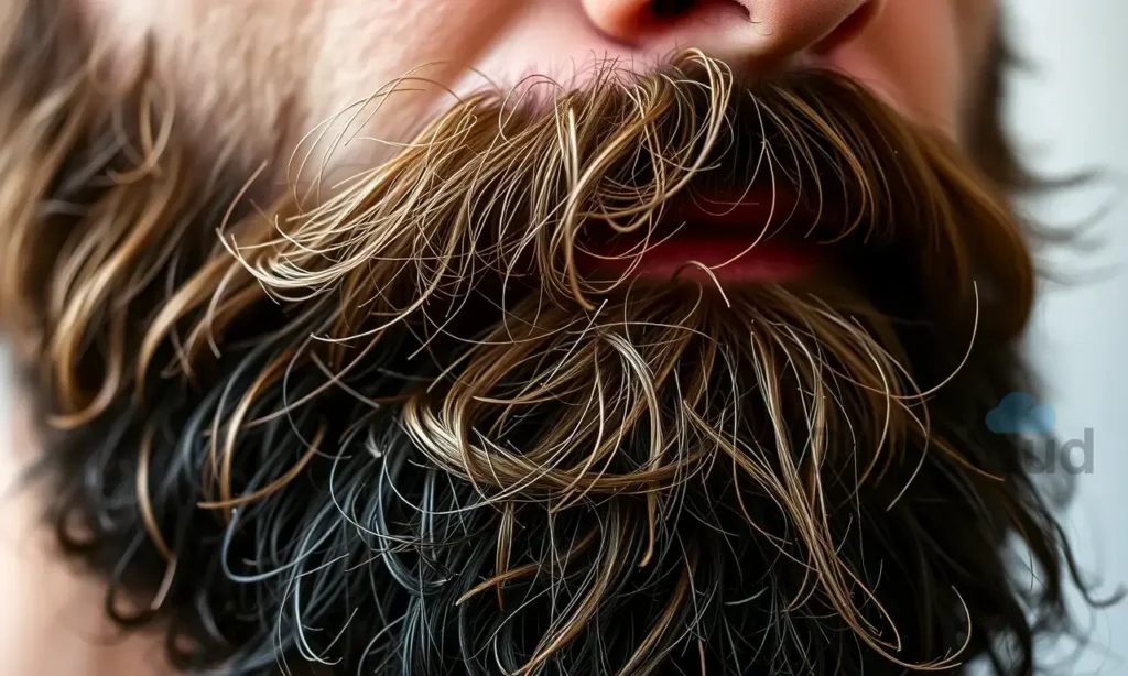 A close-up shot of a man's beard with coarse, wiry hair. The beard should be well-groomed but still retain its natural texture. Focus on the individual strands and the overall density of the beard. Soft, natural lighting.