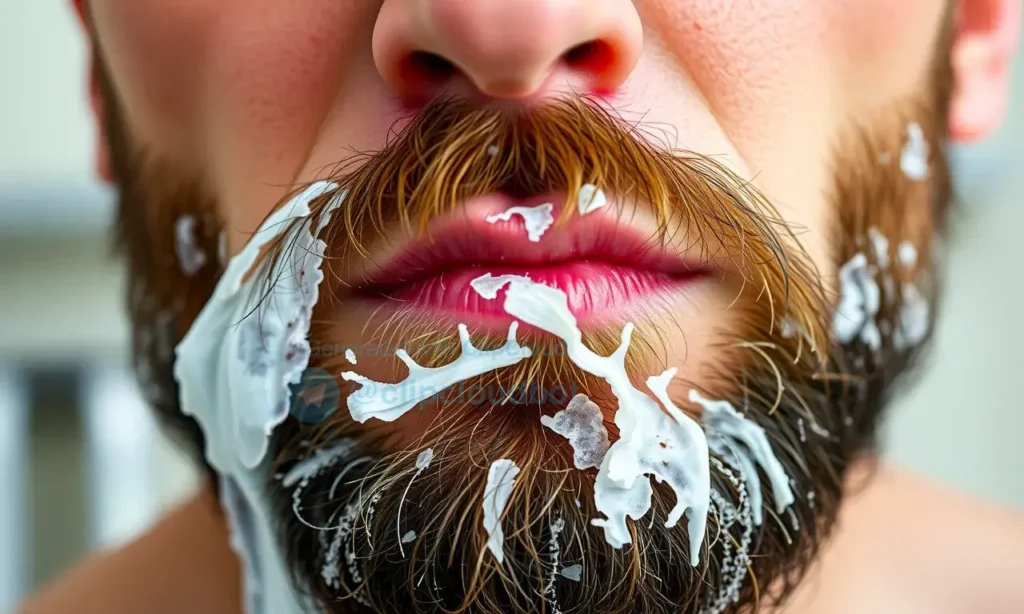 Close-up shot of a man's face with visible skin peeling under his beard after a shower. Focus on the texture of the peeling skin and the beard. Natural lighting.