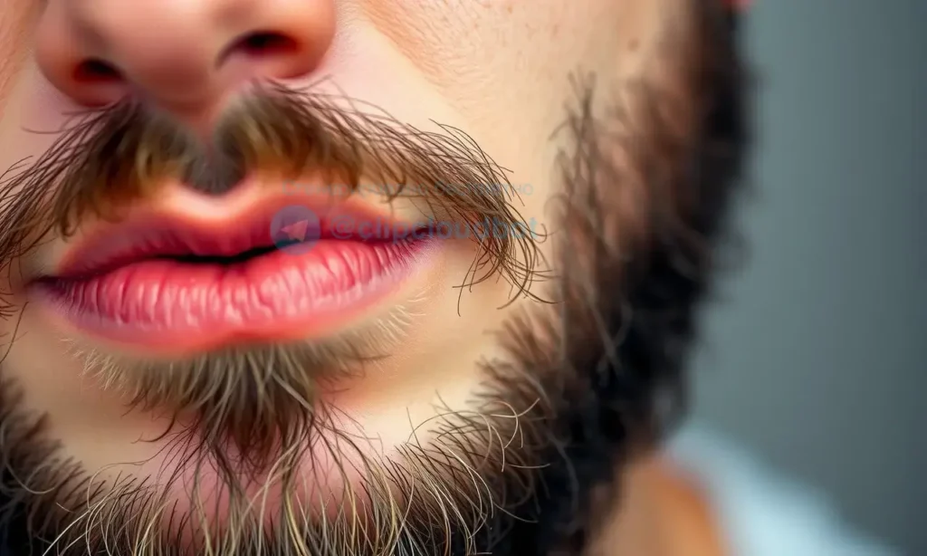 Close-up shot of a man's face with a well-groomed beard. Focus on the skin beneath the beard, showing texture and pores. The skin should appear healthy and slightly oily. Soft, natural lighting.