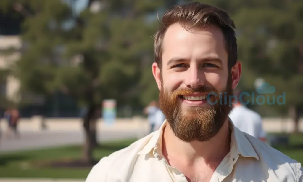 A man with a well-groomed beard is standing outdoors on a sunny day. He is wearing a light-colored, breathable shirt. The background shows a blurred cityscape or park with trees. The man has a confident and relaxed expression. Focus on the beard's texture and health.