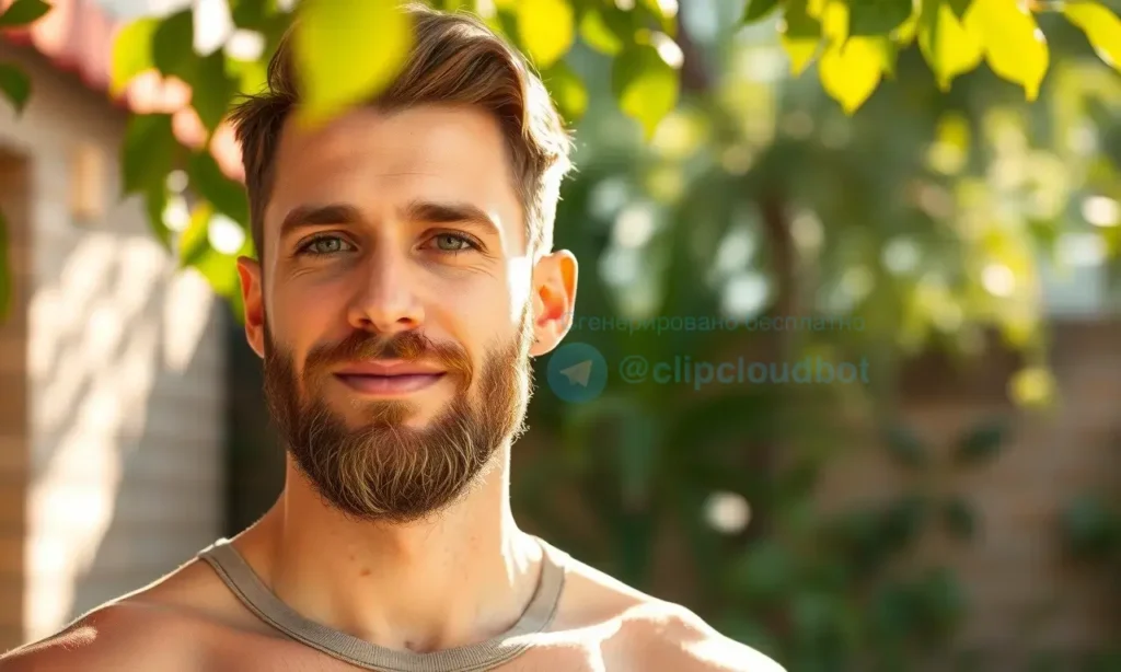 A well-groomed man with a neat beard, standing in a sunny outdoor setting, looking fresh and clean, with subtle sweat beads on his skin but no odor or mess, wearing light summer clothing, surrounded by natural elements like leaves and sunlight filtering through trees, conveying hygiene and freshness in hot weather