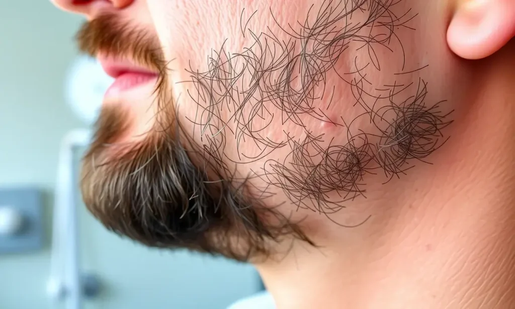 A close-up of a man's beard with patchy hair loss, showing natural skin texture and individual hair follicles, in a well-lit clinical setting with soft shadows, realistic and detailed, no text or labels