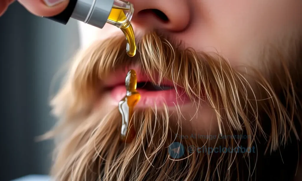 A close-up shot of a man's beard with a few drops of hair oil being applied. The beard should be well-groomed and healthy-looking. Focus on the texture of the beard and the oil glistening on the hair.