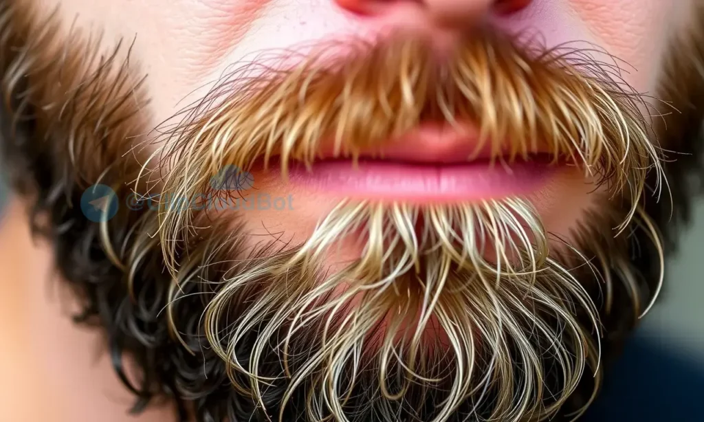 A close-up, detailed image of a man's beard with a few visible blemishes on the skin underneath. The beard is well-groomed but shows signs of needing care. Focus on the texture of the beard and the skin.