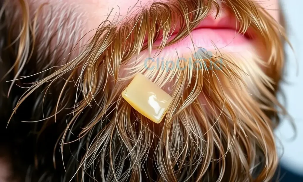 A close-up shot of a man's beard with a clear, slightly glossy texture. Some strands of beard are visibly held together by a small amount of beard wax, creating a neat and styled appearance. The lighting should be soft and even, highlighting the texture of the beard and the wax.