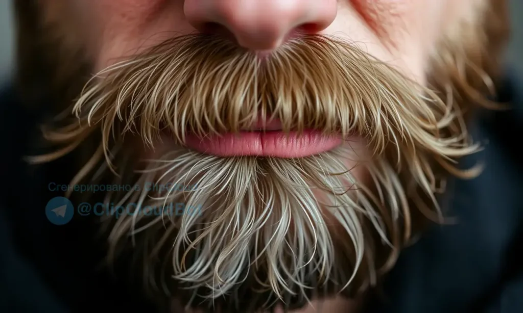 A close-up shot of a man's beard, focusing on the texture and subtle shadows. The beard has a slightly disheveled appearance, suggesting a natural, unkempt style. Soft, diffused lighting highlights the beard's details.