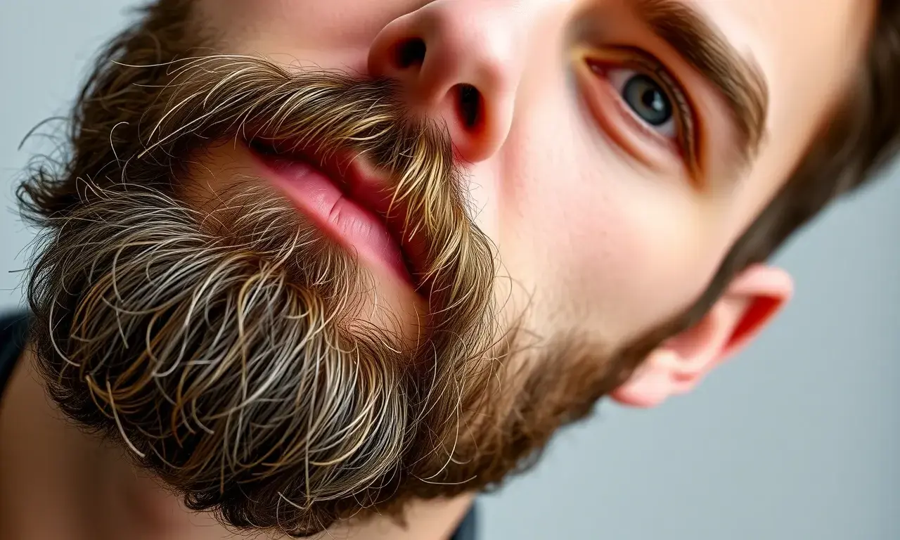 A close-up portrait of a man with a beard growing in an unusual direction, perhaps slightly upward or sideways, showing the texture and density of the beard. Focus on the facial hair and the man's expression, which should be neutral or slightly curious. Soft, natural lighting.