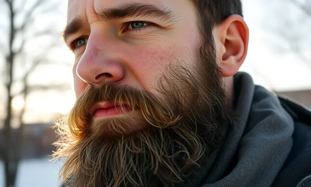 A close-up of a man's face with a full beard, showing mild skin irritation under the beard due to cold wind and winter weather — redness, dryness, and slight flaking visible on the skin beneath the facial hair. The man has a calm expression, looking slightly concerned but composed. Soft, diffused winter daylight illuminates the scene from the side, highlighting texture of the beard and skin. In the background, blurred outlines of bare tree branches and a faint snowy landscape suggest a cold outd