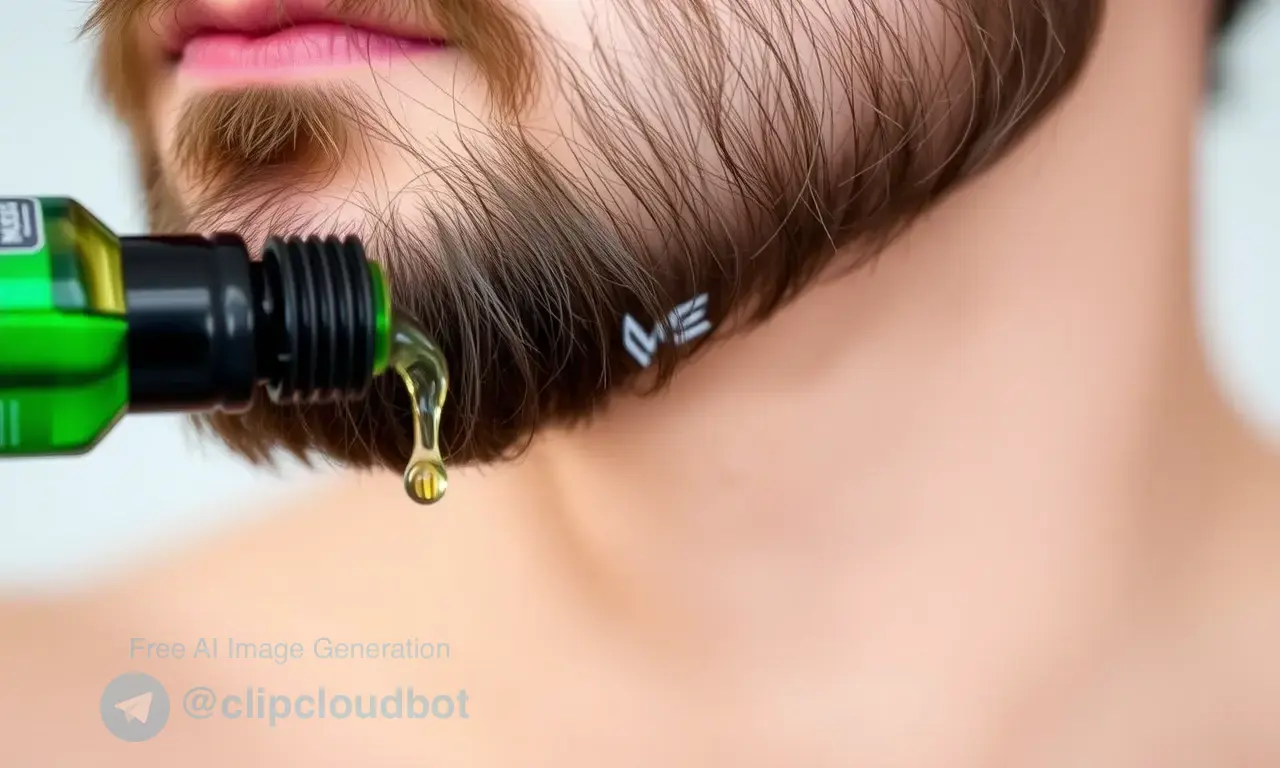 A close-up shot of a man's beard with a few drops of hair oil being applied. The beard should be well-groomed and healthy-looking. Focus on the texture of the beard and the oil glistening on the hair.
