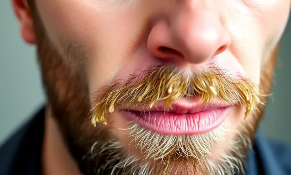 Close-up image of a man's face with a short beard. The skin around the beard is visibly peeling or shedding, with some flaky texture. The lighting should be natural and highlight the texture of the skin. Focus on the skin condition.