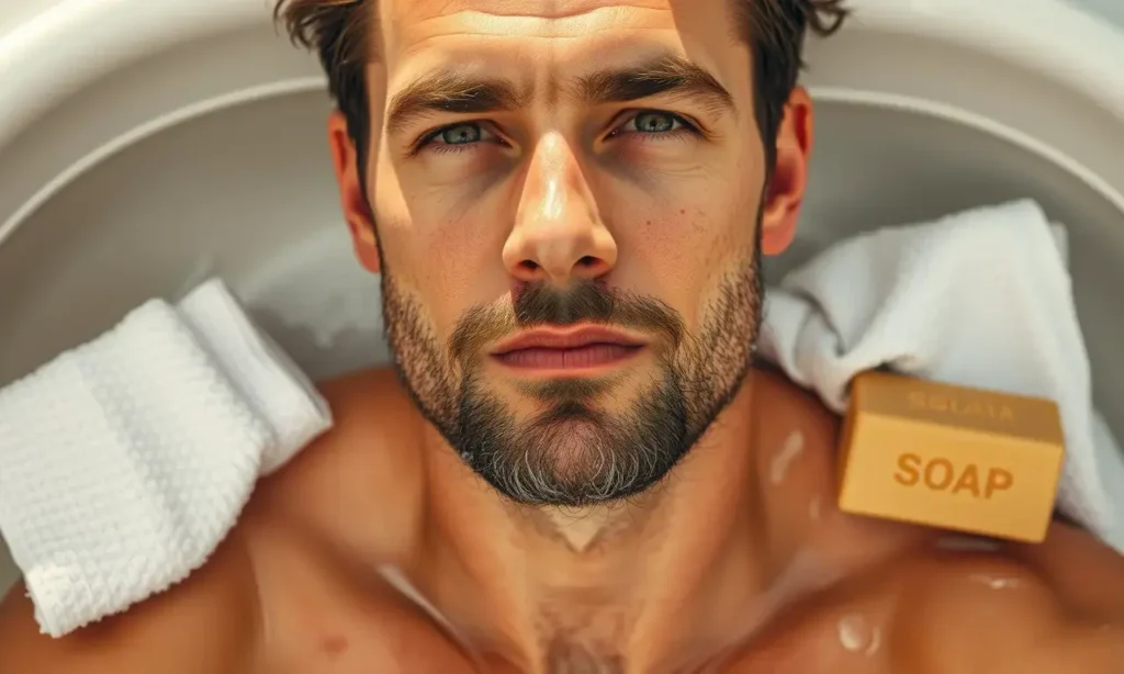 A man with a well-groomed beard in a hot summer environment, showing clean, dry facial hair with subtle sweat beads, surrounded by fresh water, a clean towel, and natural soap bars, soft daylight, realistic skin texture, no visible odor or stains, calm and hygienic atmosphere
