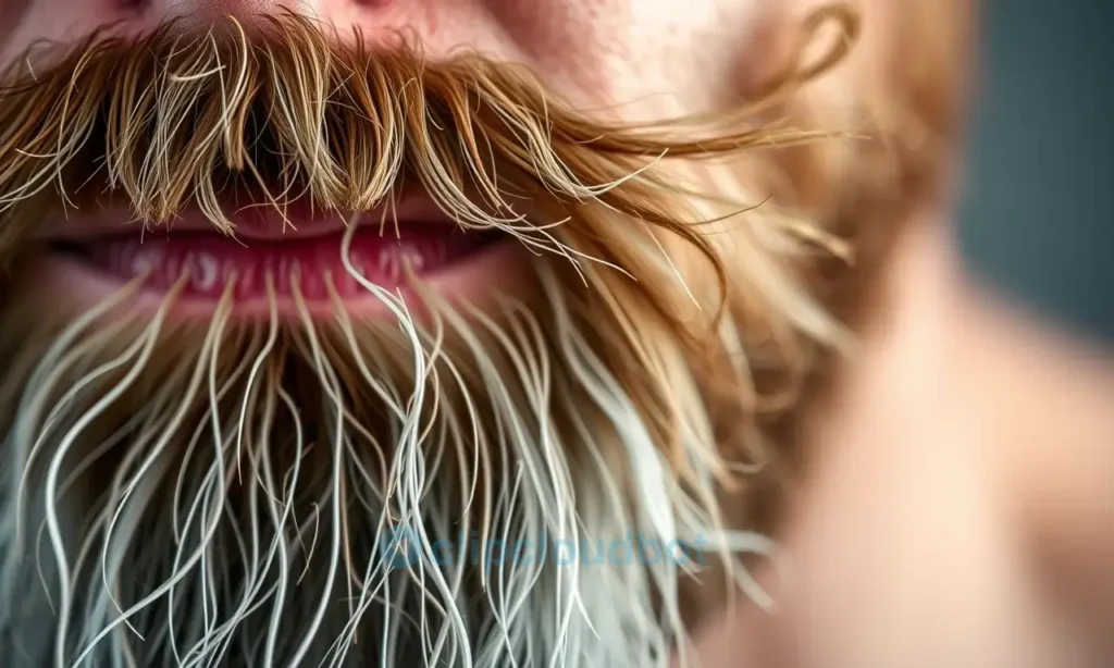 A close-up shot of a man's beard, showing strands that appear slightly brittle and dull. The lighting should highlight the texture of the beard, emphasizing the lack of shine. Focus on the individual hairs and their condition.