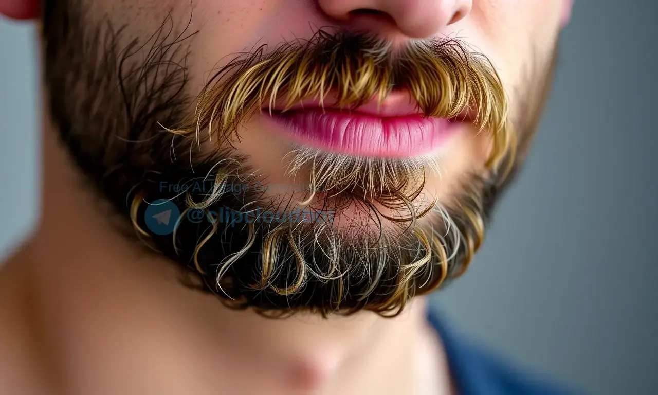 A close-up image of a person's face with a focus on their beard. The beard should have a slightly textured appearance, and the lighting should highlight the texture and color of the hair. The background should be blurred and neutral.