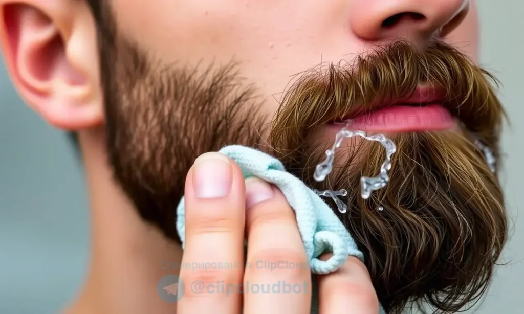 A close-up shot of a person's face with a neatly trimmed beard, showing the aftercare process after a beard wax application. Focus on the beard and the gentle cleaning process using a soft cloth and warm water. The background should be softly blurred, emphasizing the beard and the cleaning action.