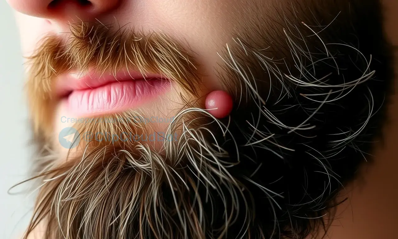 A close-up photo of a man's beard with some ingrown hairs visible. The beard is moderately thick and well-groomed, but with a few small, red bumps indicating ingrown hairs. The lighting is soft and natural, highlighting the texture of the beard and the bumps. Focus should be on the affected area.