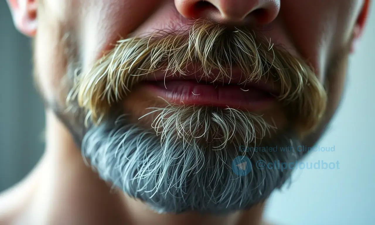 A close-up shot of a man's face, focusing on his beard. The beard should appear slightly graying and with visible strands that are becoming brittle and dull. Soft, natural lighting.
