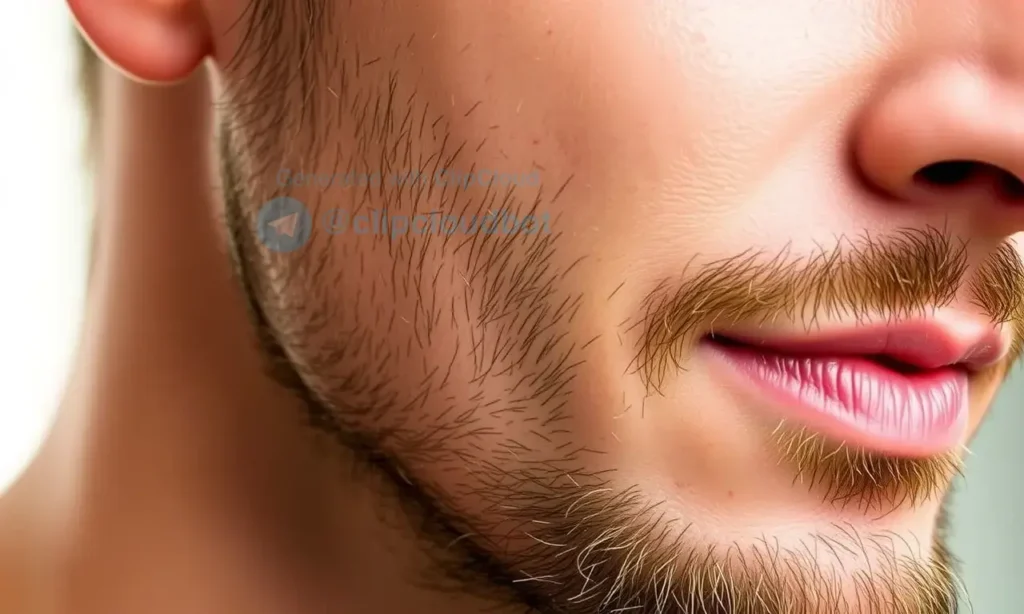 Close-up shot of a man's chin and jawline with a short, well-groomed beard. The skin is slightly textured and shows some mild flaking, but overall appears healthy and hydrated. Soft, natural lighting.